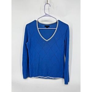 Tommy Hilfiger Y2K Pullover Sweater Size M 100% Cotton Long Sleeve V-Neck 2000s